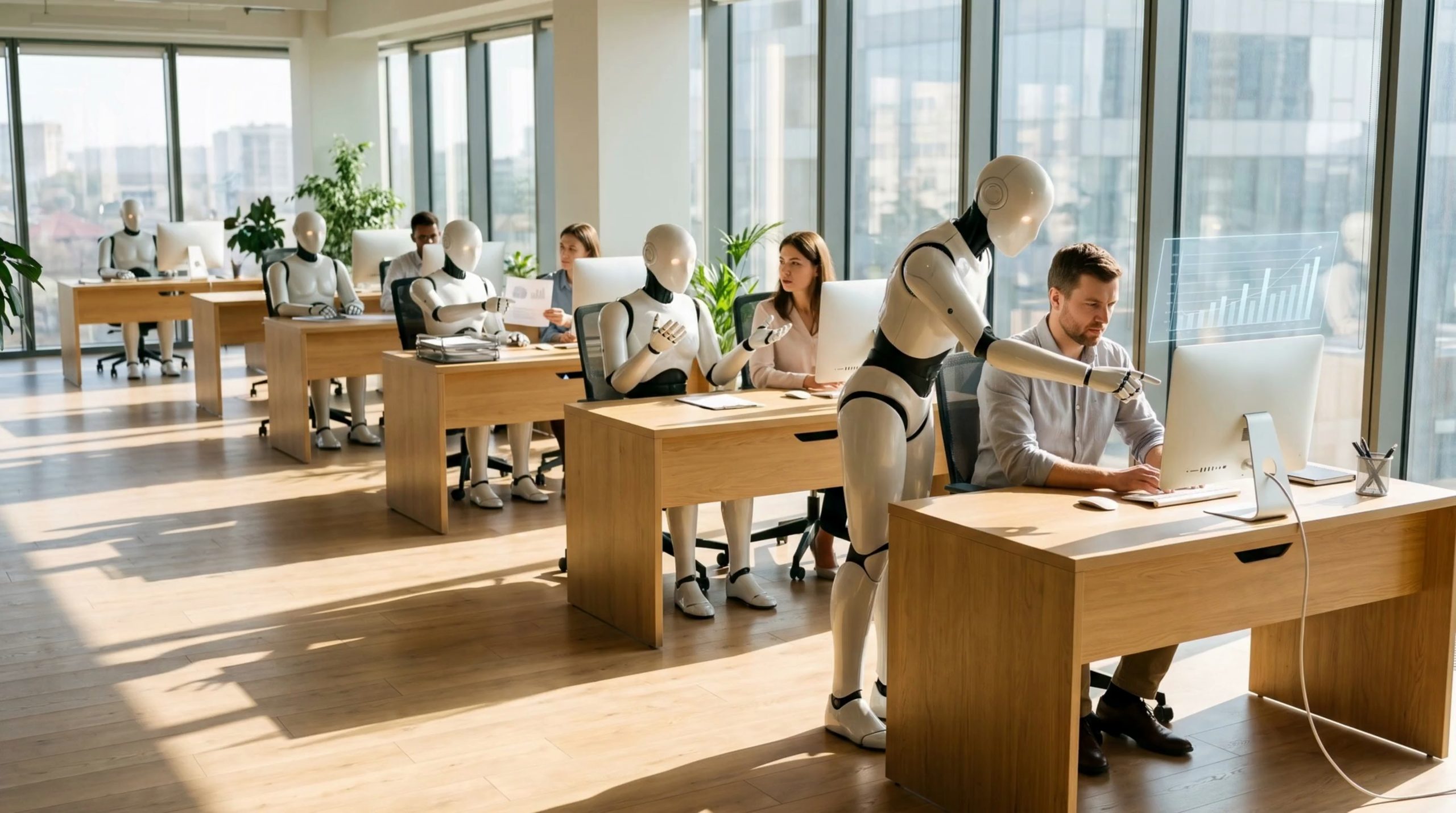 Birou luminos dimineața: la fiecare masă, un om și un robot umanoid lucrează împreună.